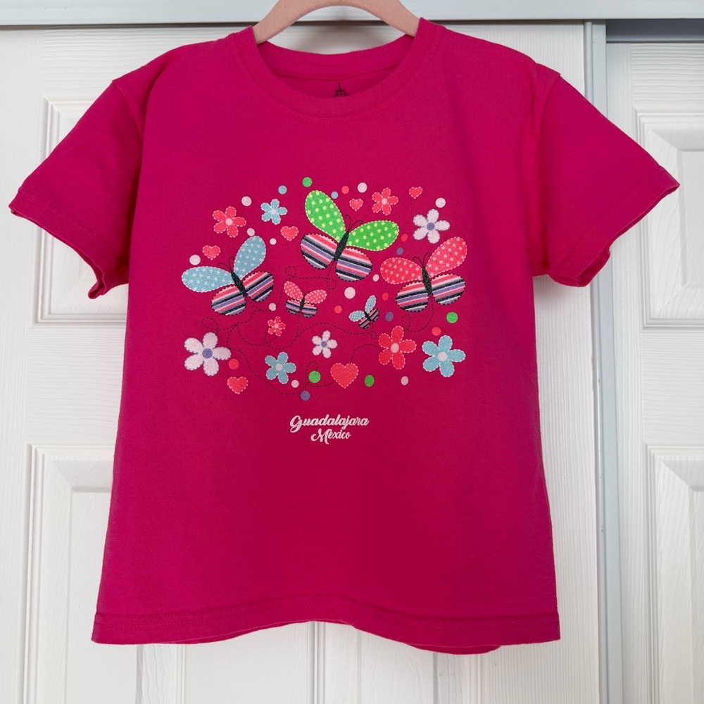 4/$25 Guadalajara 100% Cotton Girls' Hot Pink Butterfly Graphic Tee Size L/G